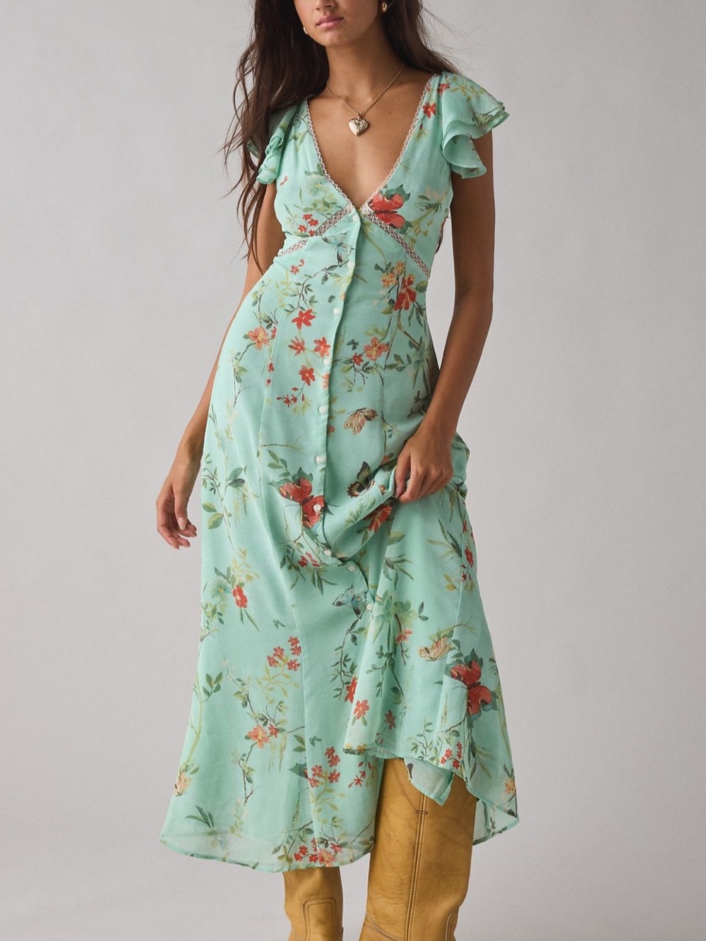 Kimchi Blue Ruffled Romance Cutout Tie-Back Midi Dress in mint